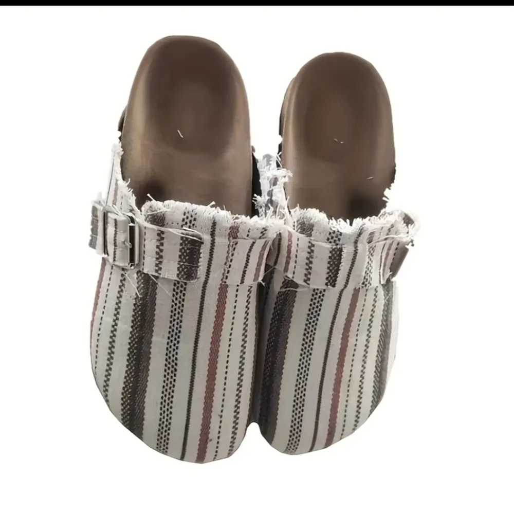 Striped Raw Edge Fabric Flat Clogs, Size 11, NWT - Picture 2 of 4
